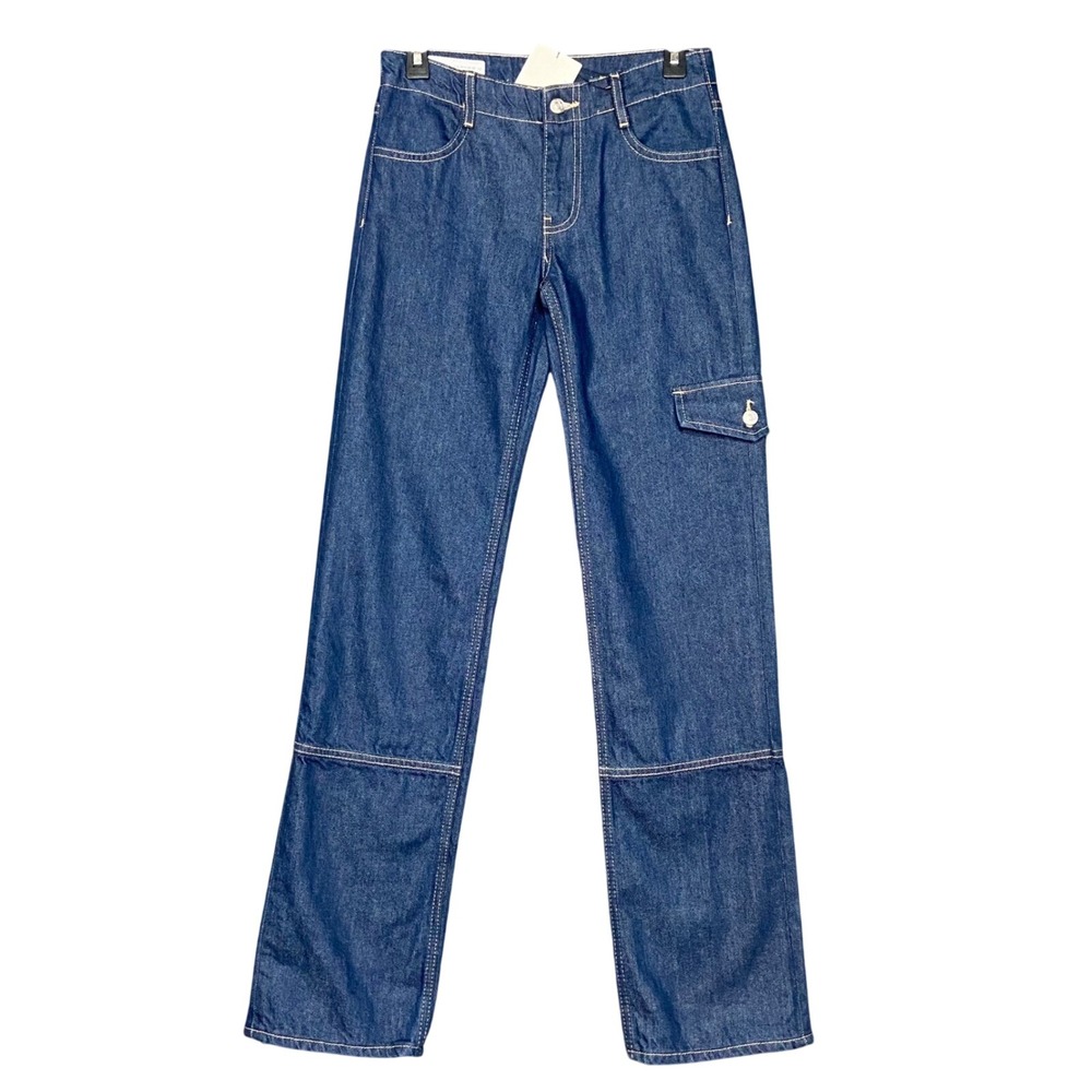 Zara Women's Cargo Jeans Blue Size 2 Mid Rise Contrast Stitching Split Hem NWT